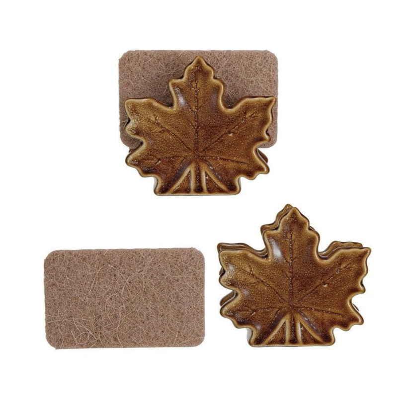 Stoneware Maple Leaf Shaped Sponge Holder with Sponge, Set of 2