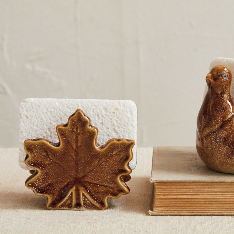 Stoneware Maple Leaf Shaped Sponge Holder with Sponge, Set of 2