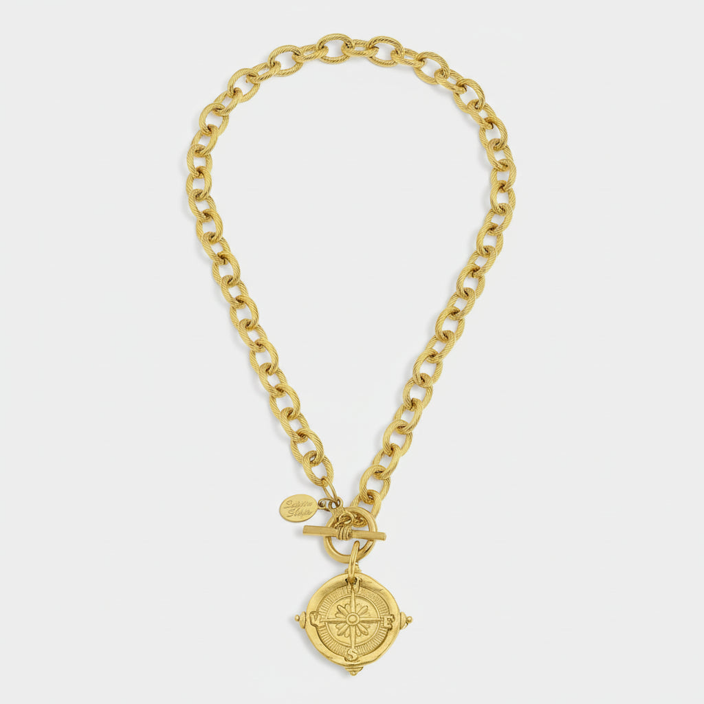 Handcast Gold Compass Front Toggle Necklace