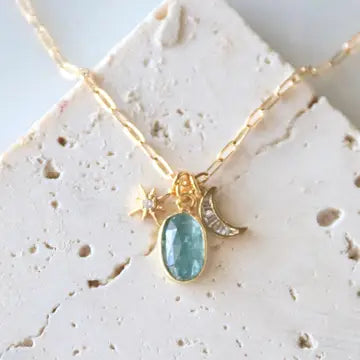 Kyanite Cz Moon and Star Charm Necklace
