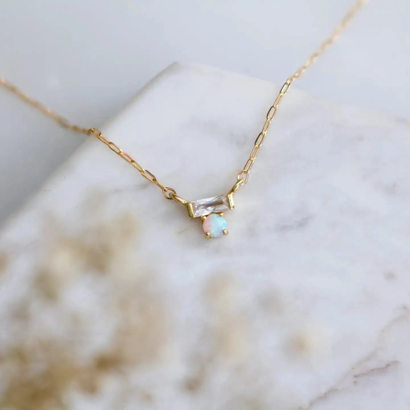 Mini Opal Cubic Zirconia Bar Necklace - Gold Filled