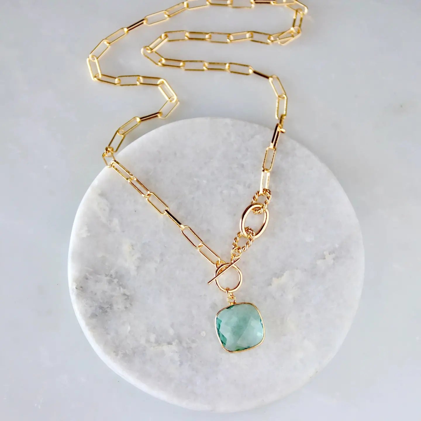 Aquamarine Quartz Cushion Toggle Necklace