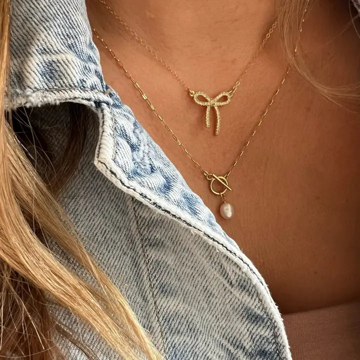 Bow Ribbon Cz Gold Filled Necklace