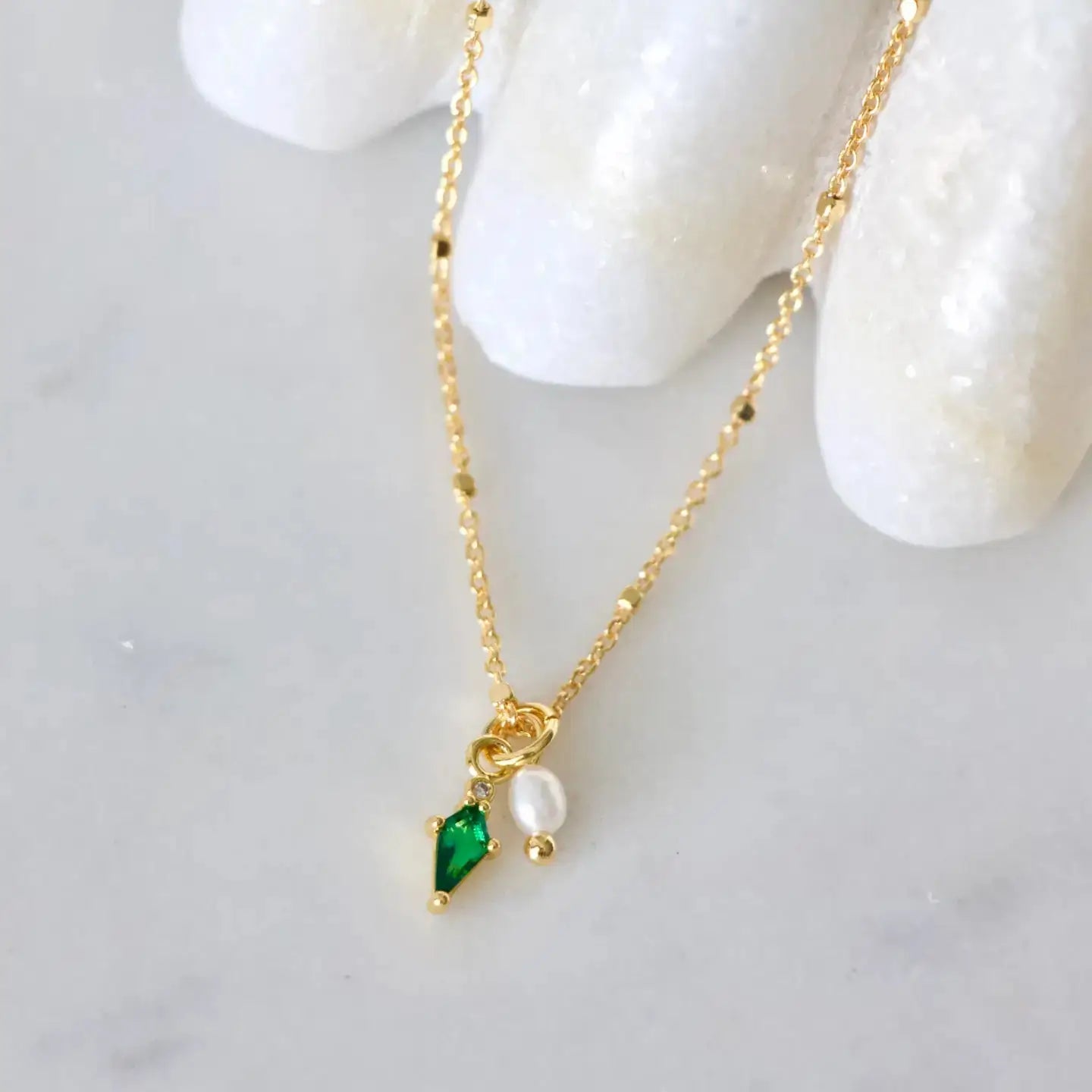 Mini Pearl Emerald Drop Necklace