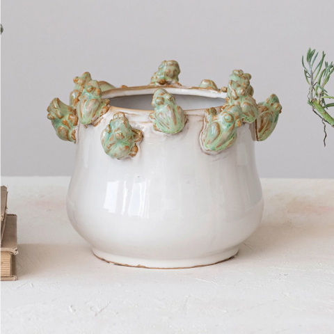 Stoneware Planter with Frogs on Rim, White & Green