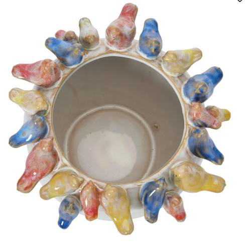Planter Vase with Colorful Birds on Rim