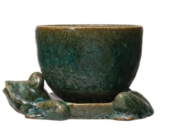 Stoneware Planter with Frog Base, Set of 2