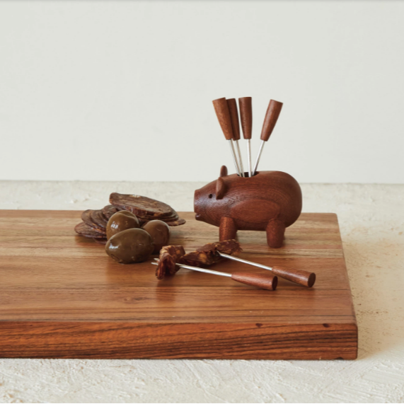 Sapele Wood Pig Shaped Holder with 6 Appetizer Forks