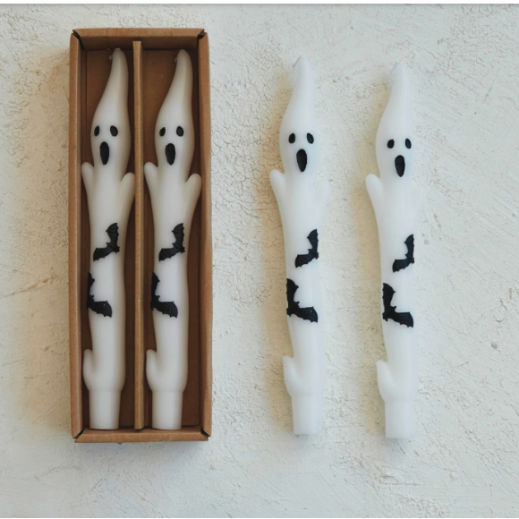 Unscented Ghost Shaped Taper Candles w/ Bats in Box, White & Black, Set of 2