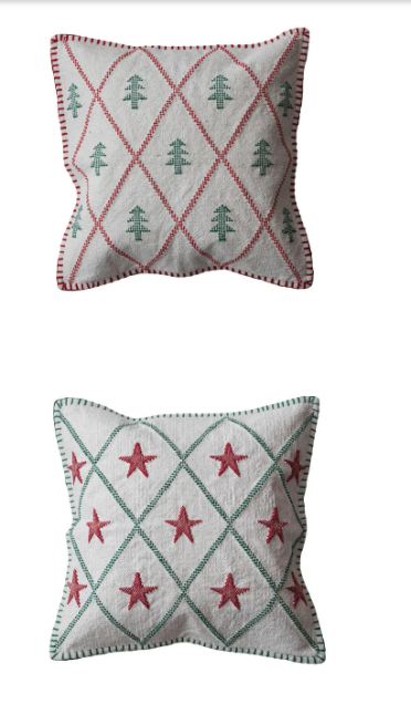 18" Square Woven Cotton Pillow w/ Embroidered Tree/Star Pattern, 2 Styles