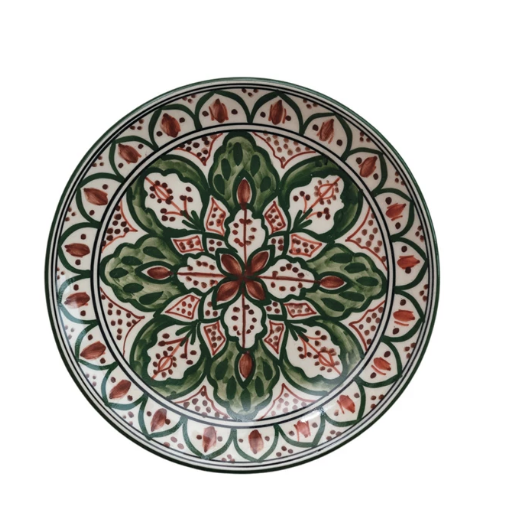 Hand-Painted Stoneware Plate w/ Design, Cream Color, Brown & Green