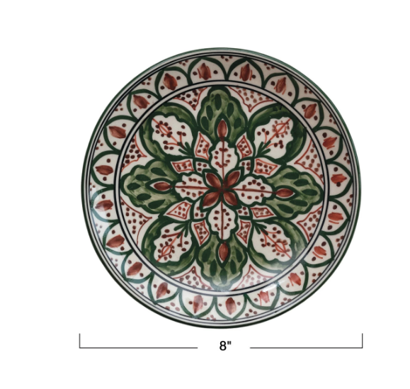 Hand-Painted Stoneware Plate w/ Design, Cream Color, Brown & Green