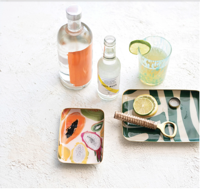 Enameled Metal Trays with Fruit or Green Swirl & Gold Rim