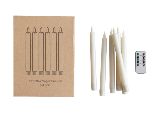 Flameless LED Wax Taper Candles w/ 8 Hour Timer & Remote, Boxed Set of 6
