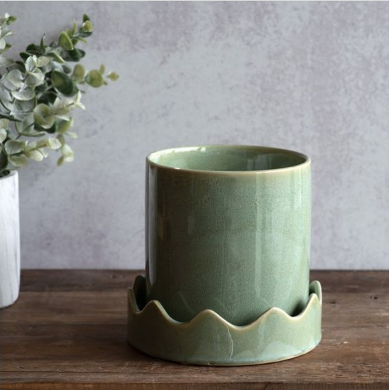 Light Green Planter with Scalloped Saucer
