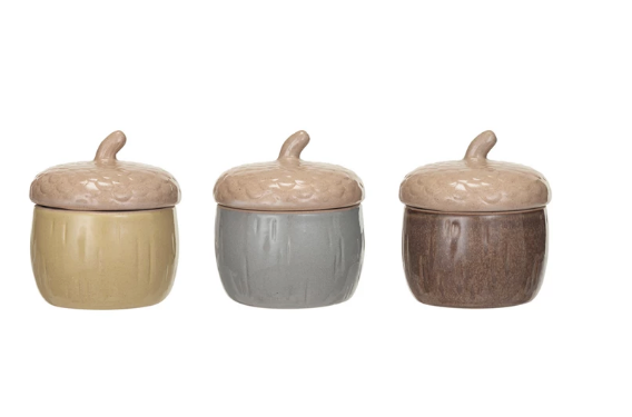 Stoneware Acorn Shaped Jar w/ Lid, Reactive Glaze, 3 Colors