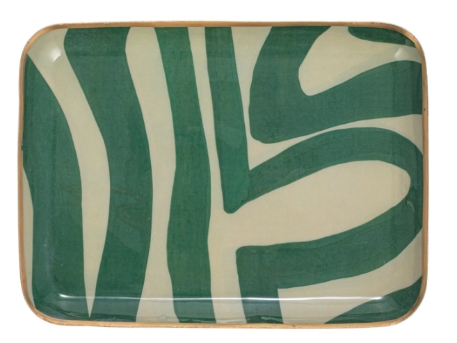 Enameled Metal Trays with Fruit or Green Swirl & Gold Rim