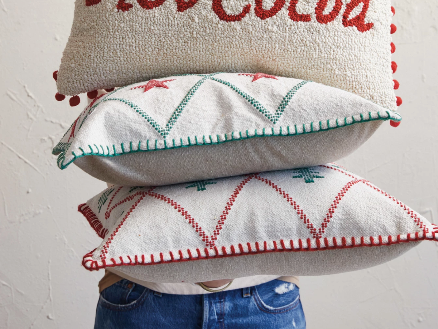 18" Square Woven Cotton Pillow w/ Embroidered Tree/Star Pattern, 2 Styles