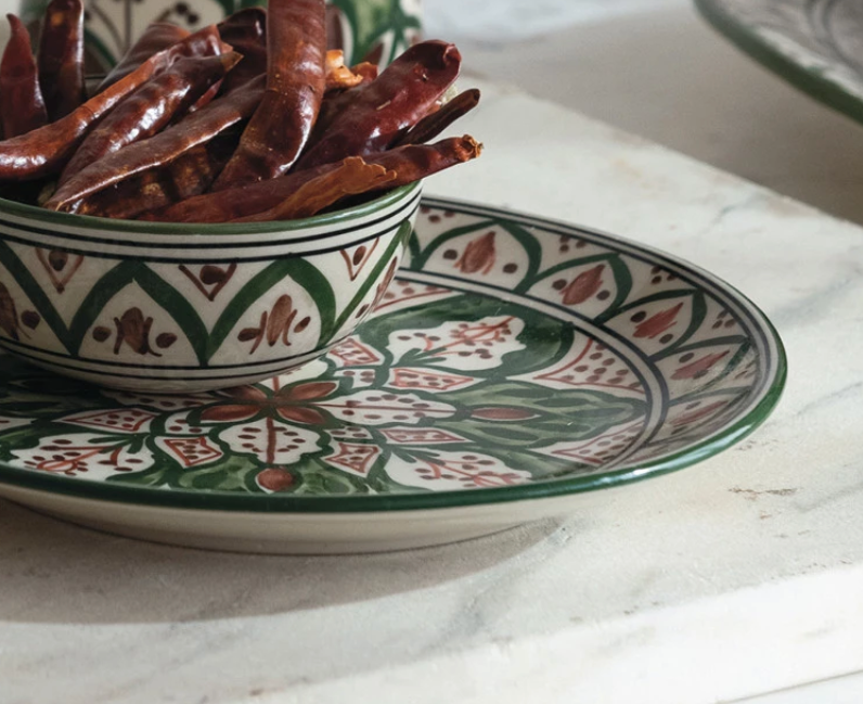 Hand-Painted Stoneware Plate w/ Design, Cream Color, Brown & Green