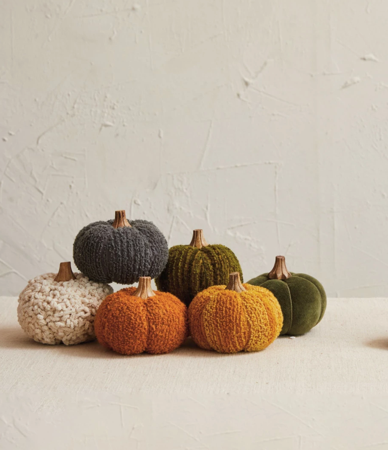 Cotton Blend Bouclé or Velvet Pumpkin with Wood Stem