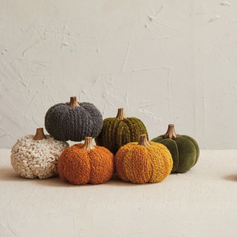 Cotton Blend Bouclé or Velvet Pumpkin with Wood Stem - 3.5"