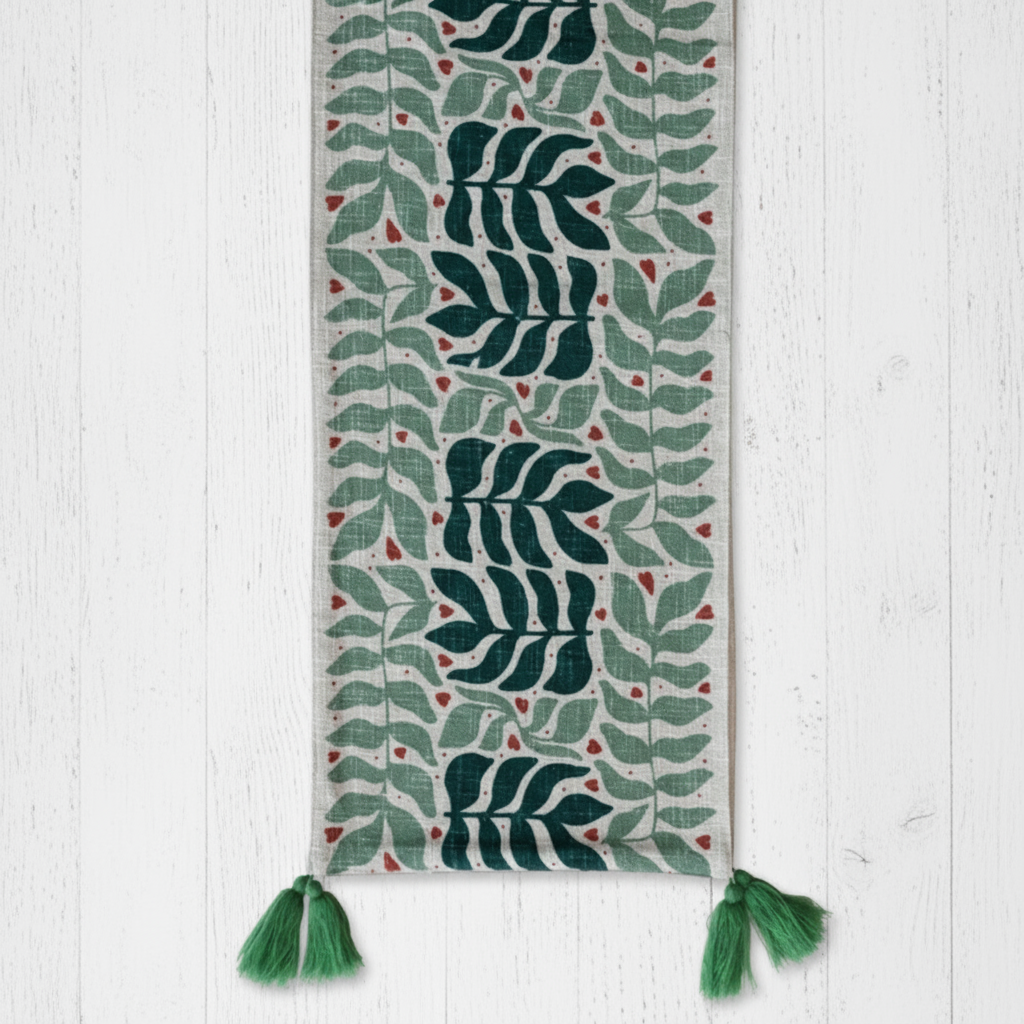 Table Runner with Seasonal Botanical Pattern & Tassels, Natural
