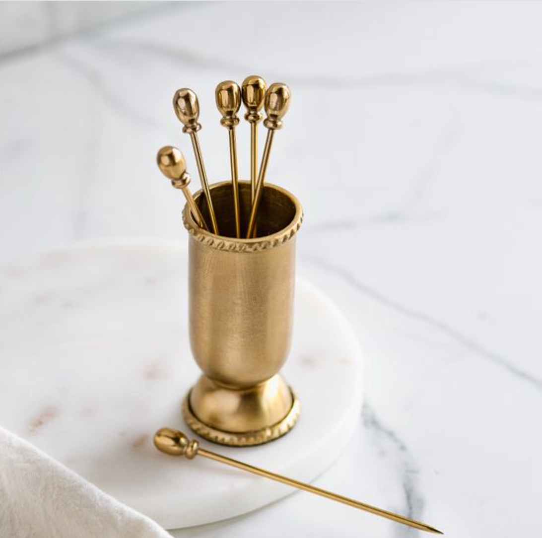 Gold Cocktail Picks with Holder