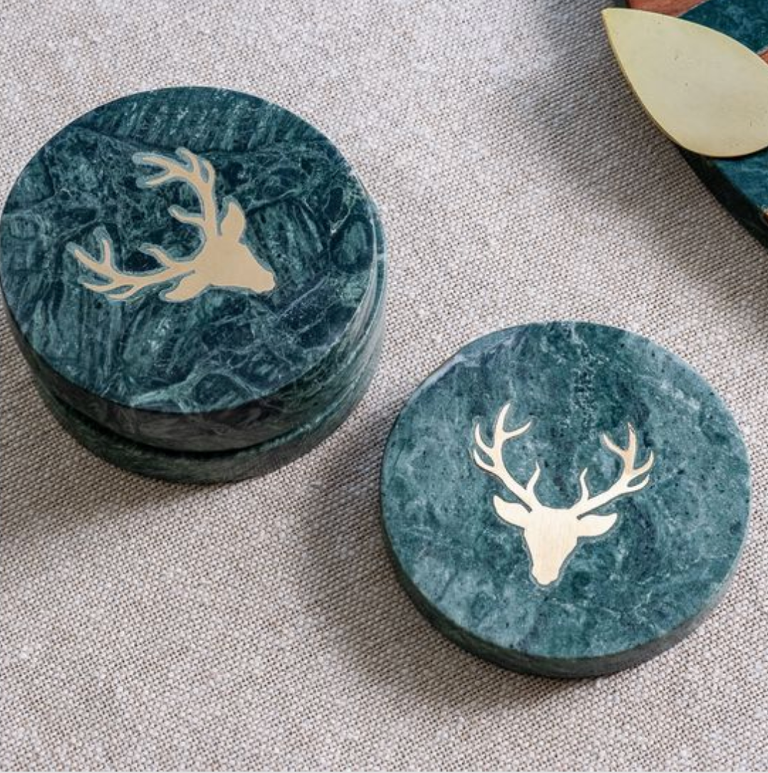 Green marble Deer Coasters - Set of 4