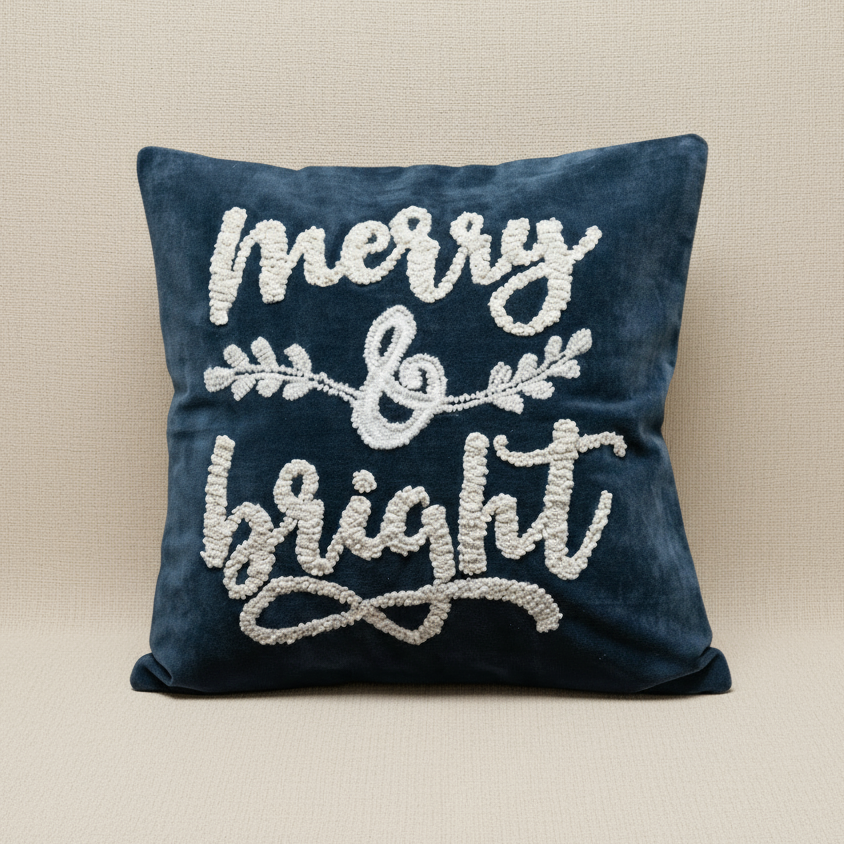 Velvet Pillow with Embroidered "Merry & Bright"