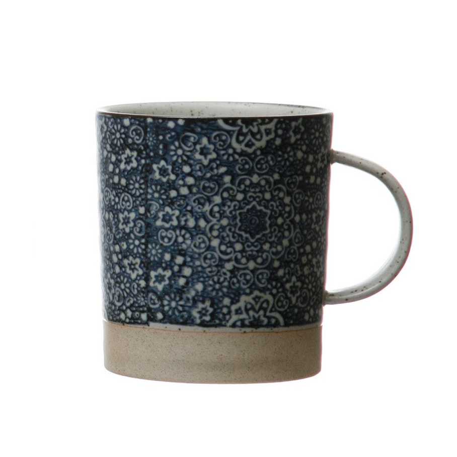 Blue & Cream Hand-Stamped Stoneware Mug