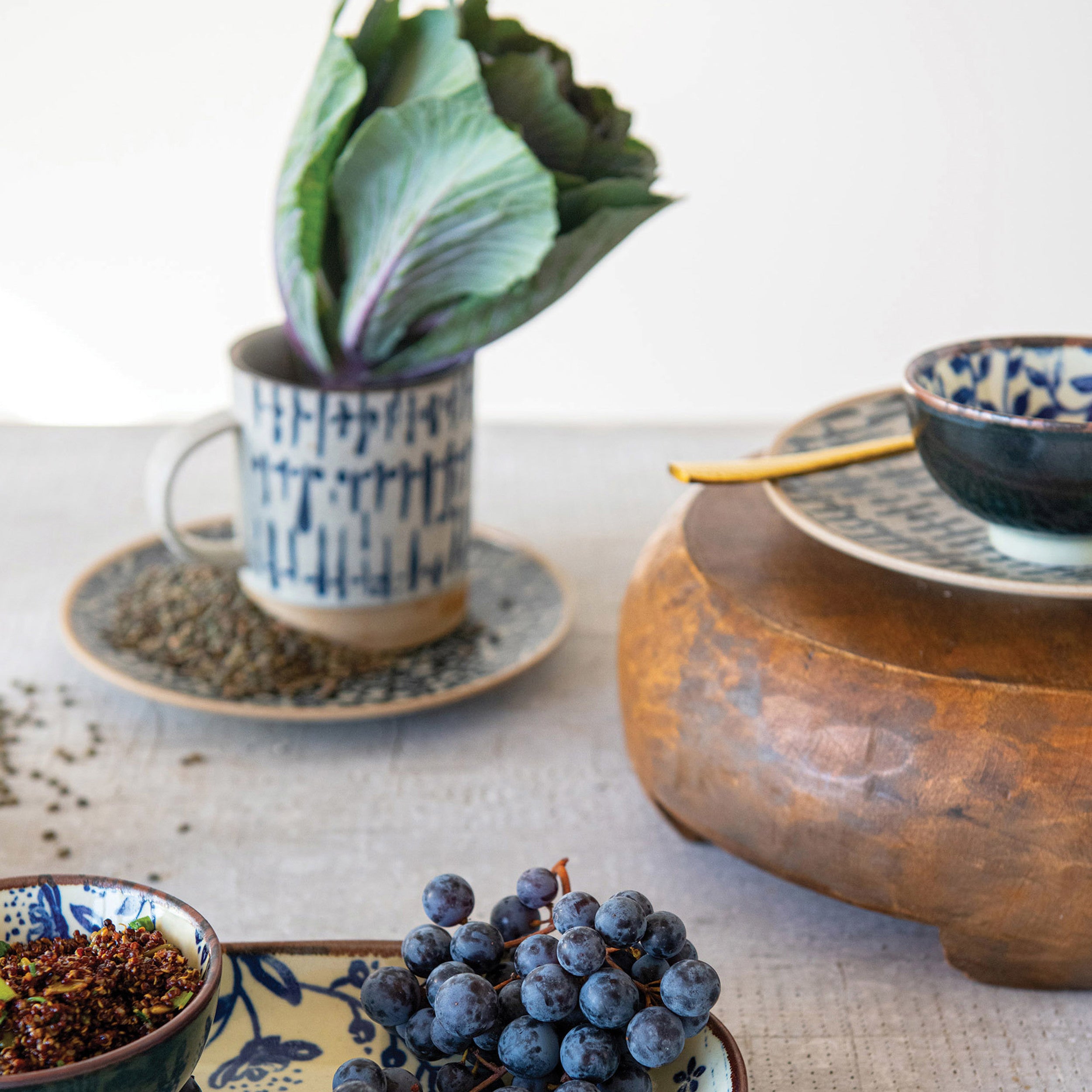 Blue & Cream Hand-Stamped Stoneware Mug