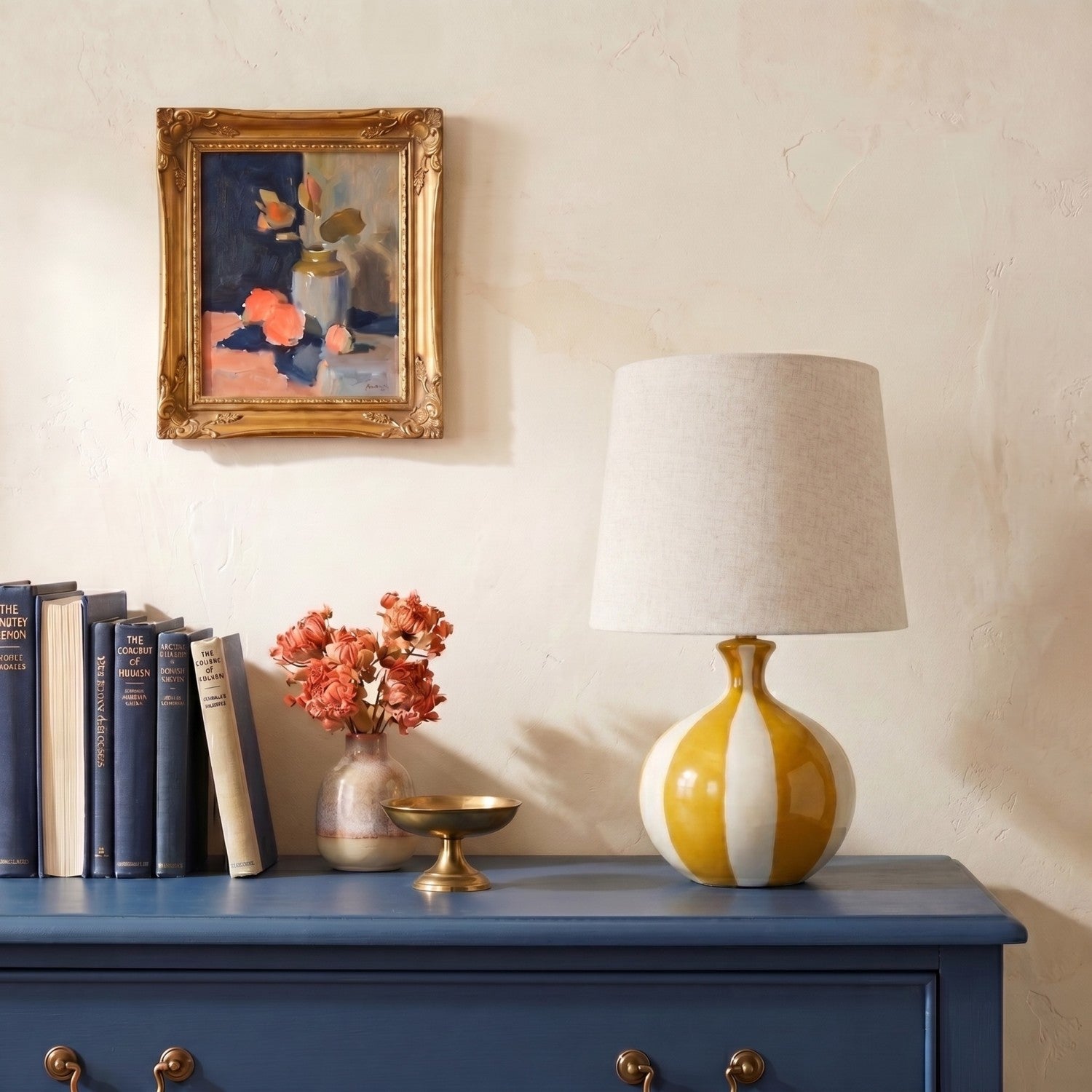 Mustard & Cream Striped Table Lamp with Linen Shade