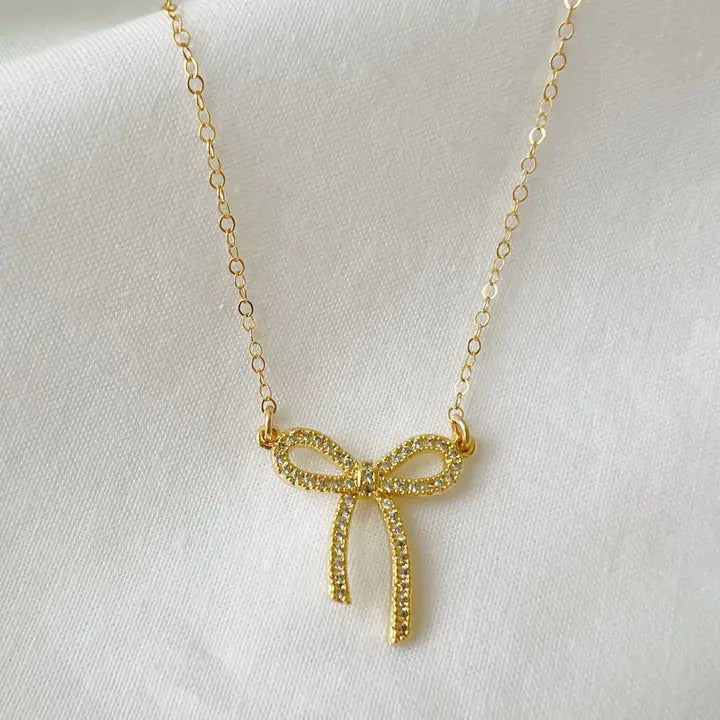 Bow Ribbon Cz Gold Filled Necklace