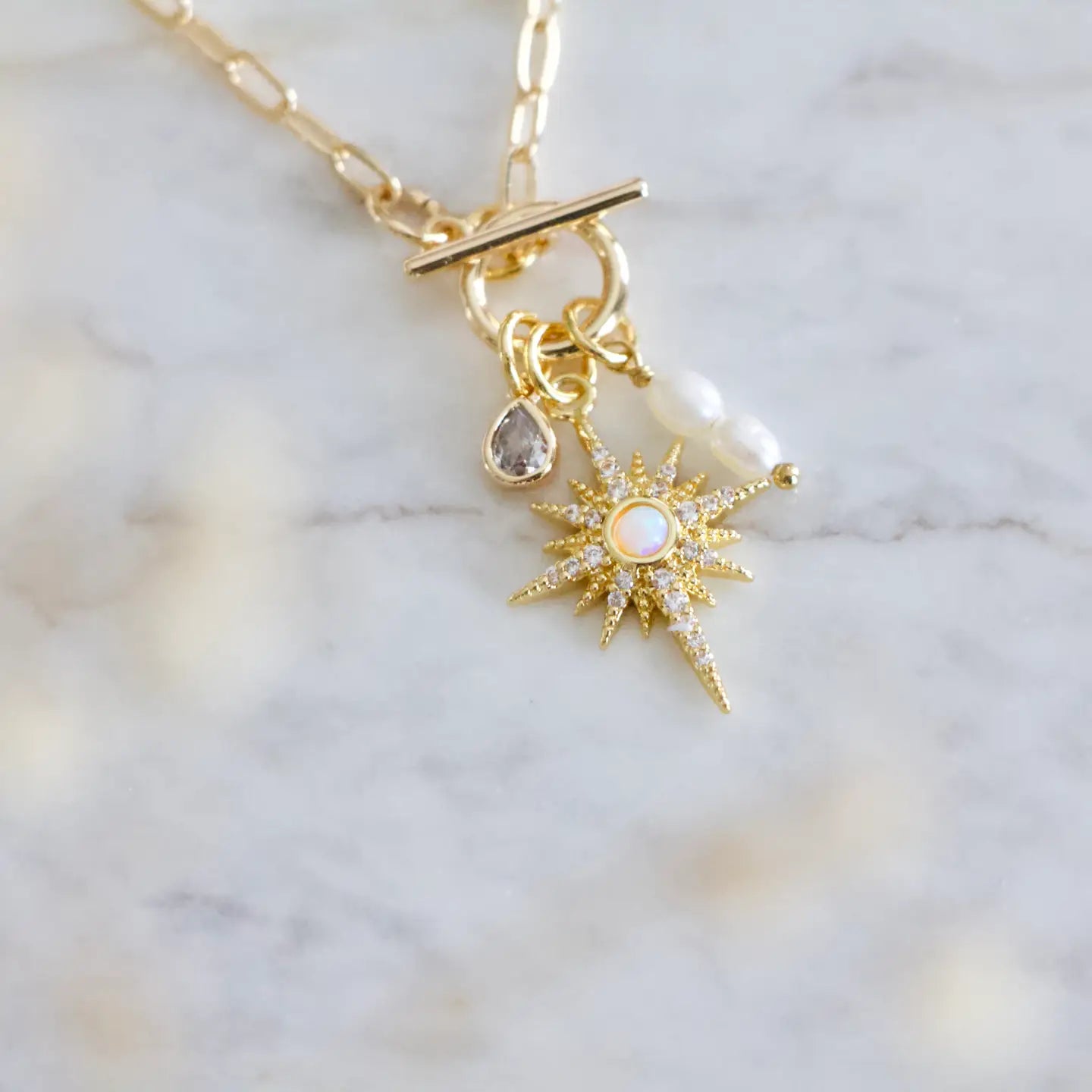 Opal Star, Cubic Zirconia, Freshwater Pearl Charm Toggle Necklace