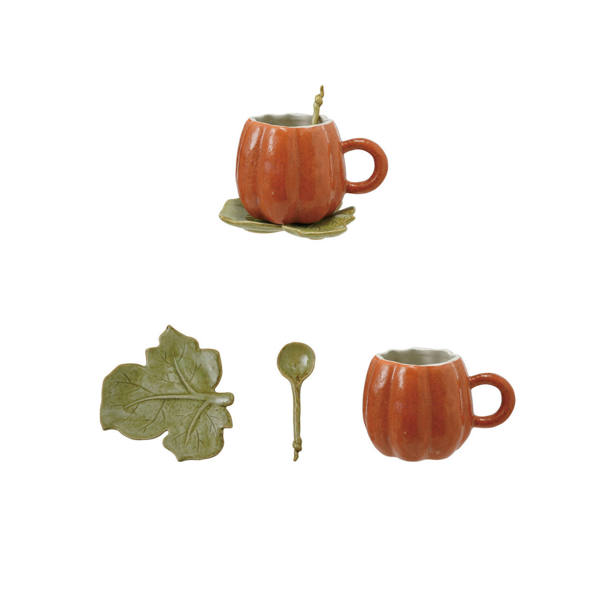 Stoneware Pumpkin Shaped Mug with Saucer & Spoon