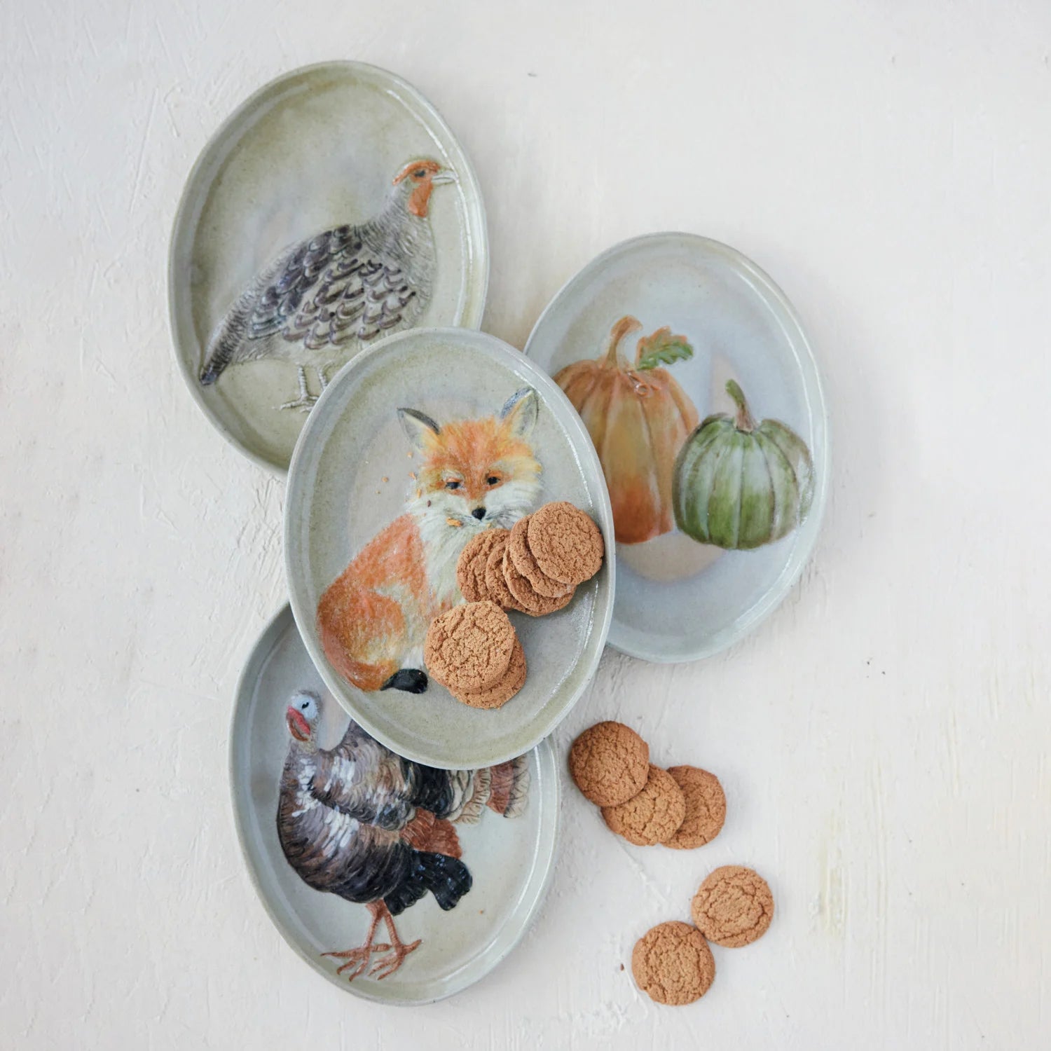 Hand-Painted Stoneware Platter with Animal/Pumpkins