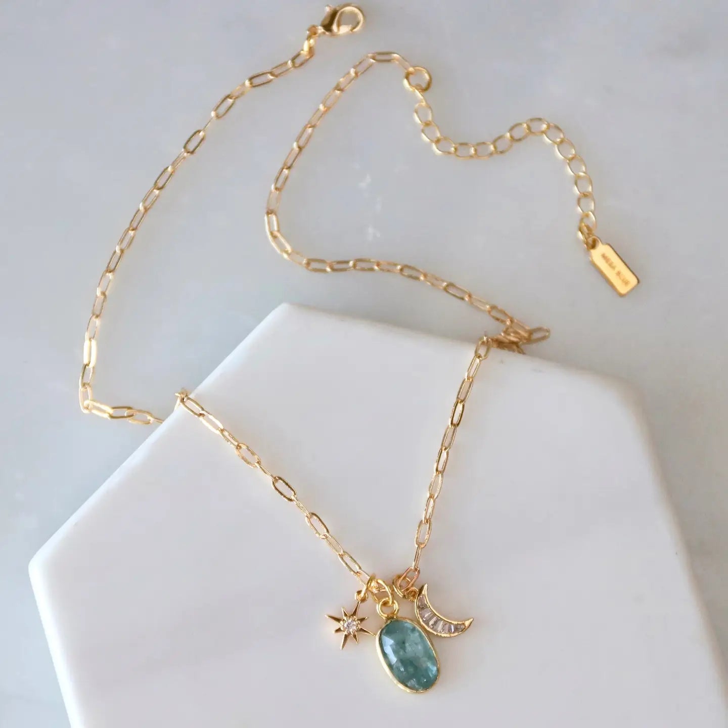 Kyanite Cubic Zirconia Moon and Star Charm Necklace