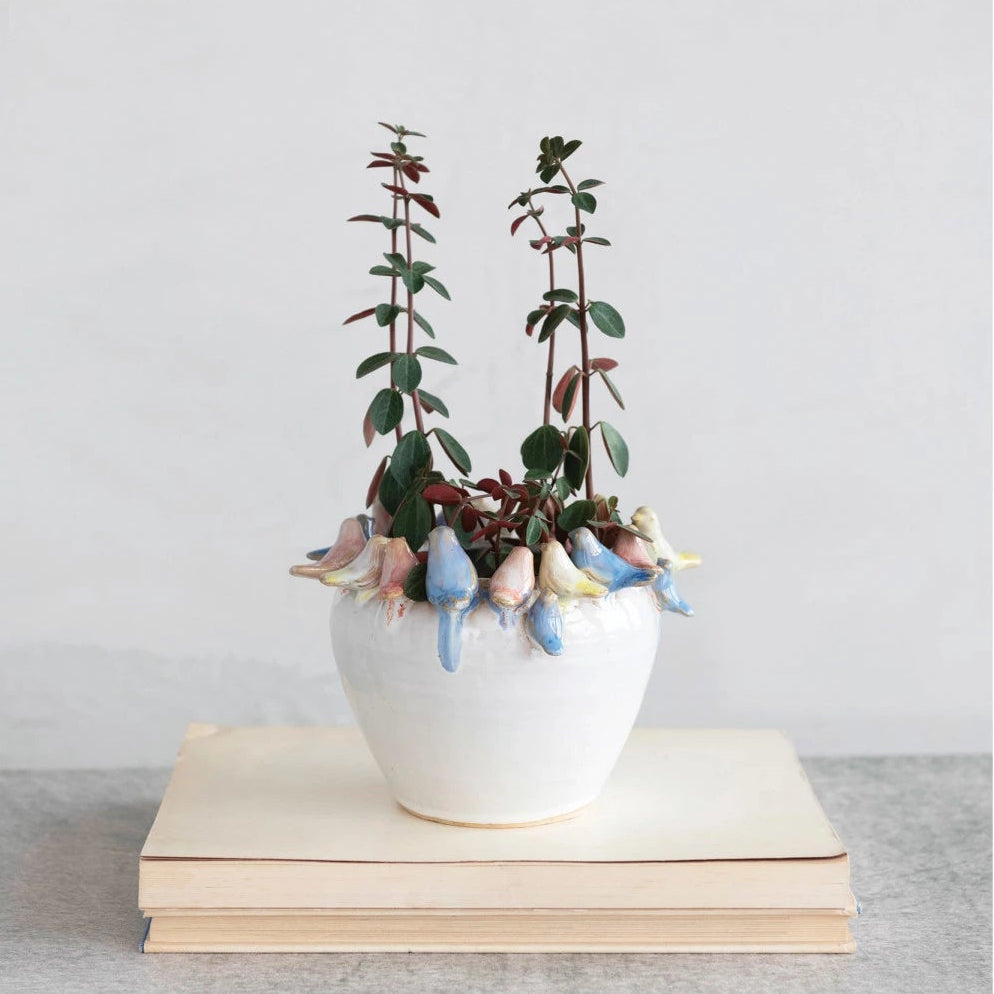 Planter Vase with Colorful Birds on Rim