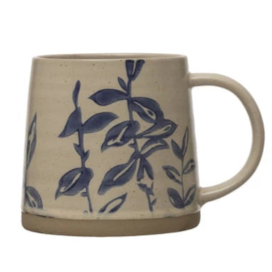 Hand-Stamped Stoneware Mug with Botanicals