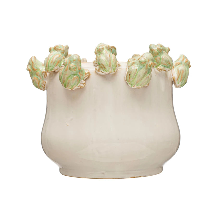 Stoneware Planter with Frogs on Rim, White & Green