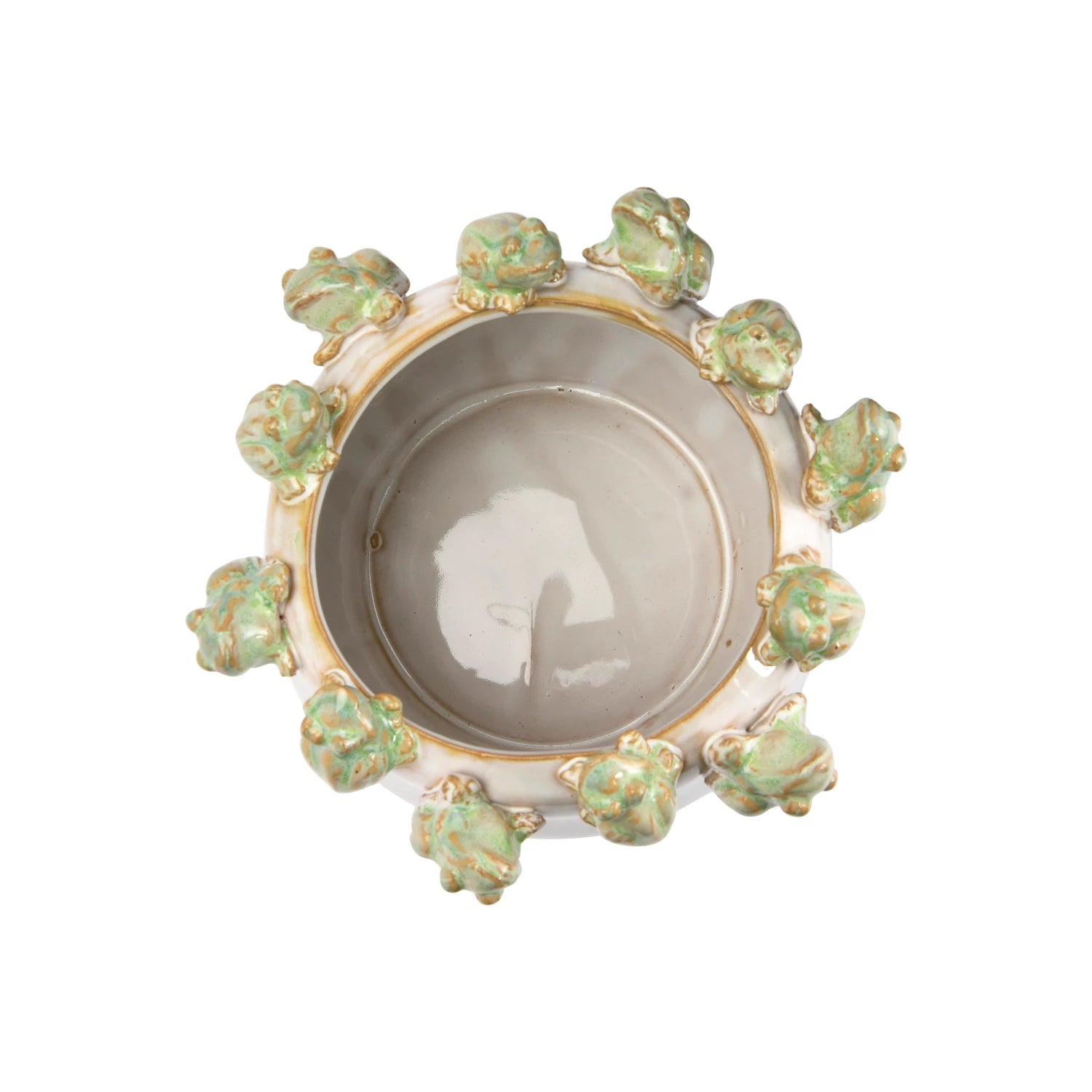 Stoneware Planter with Frogs on Rim, White & Green