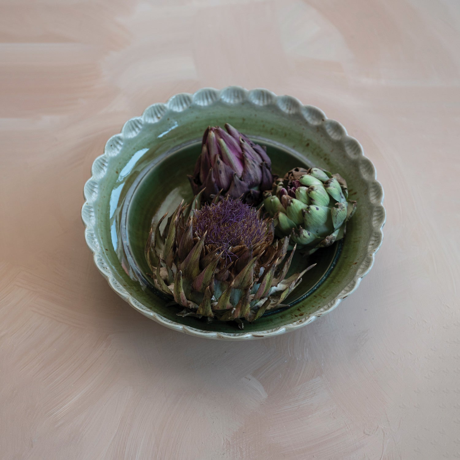 Stoneware Bowl with Scalloped Edge, Green