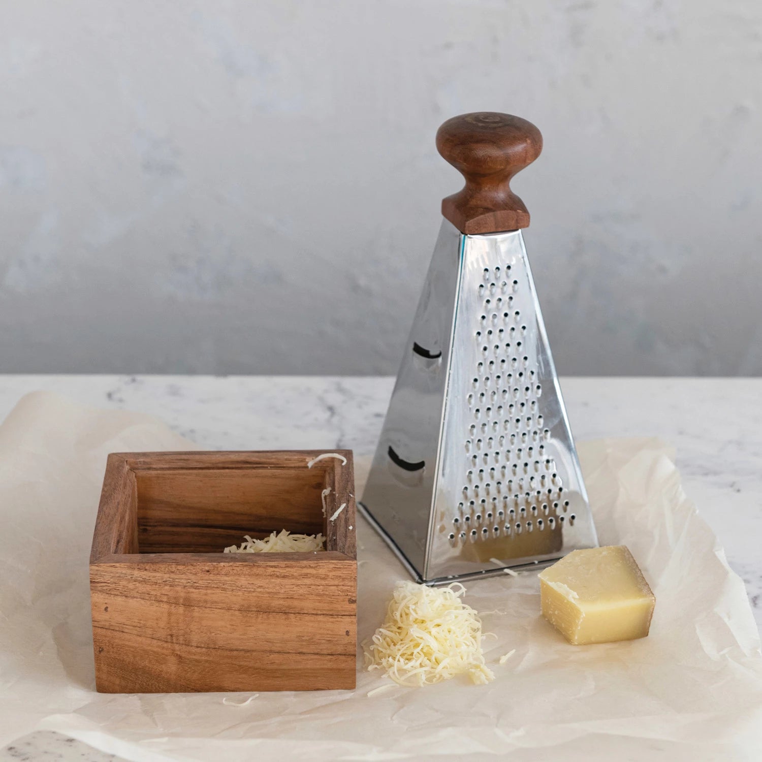 Stainless Steel Grater with Acacia Wood Handle & Base