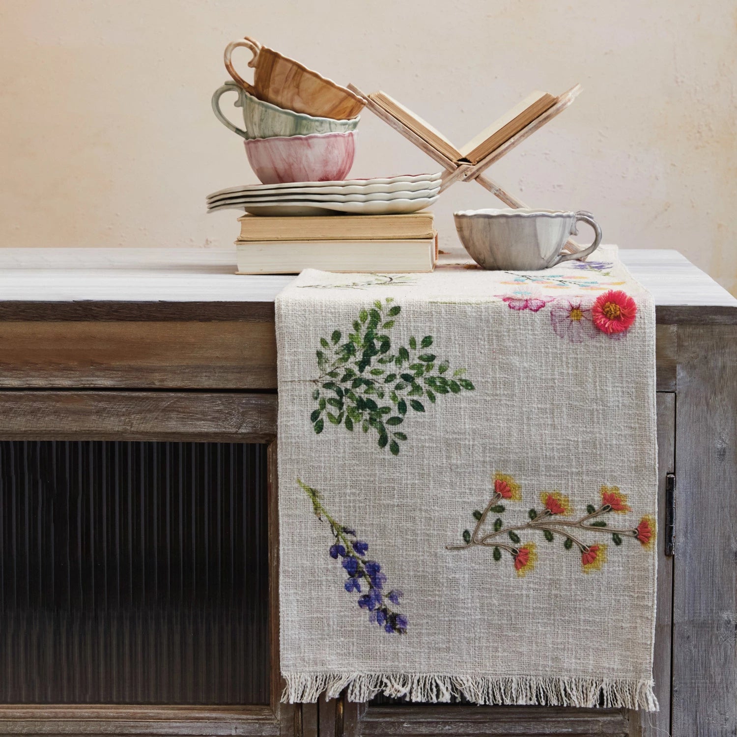 Cotton Slub Printed Table Runner with Flowers