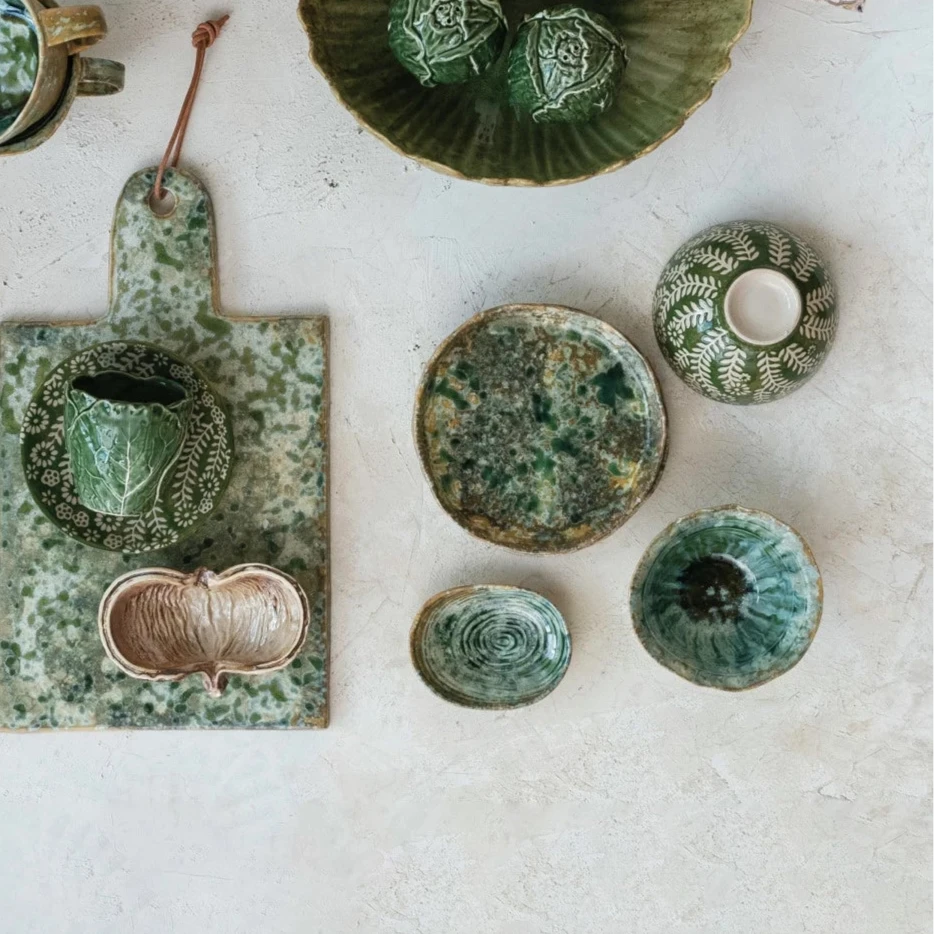 Green Stoneware Plate, Reactive Crackle Glaze