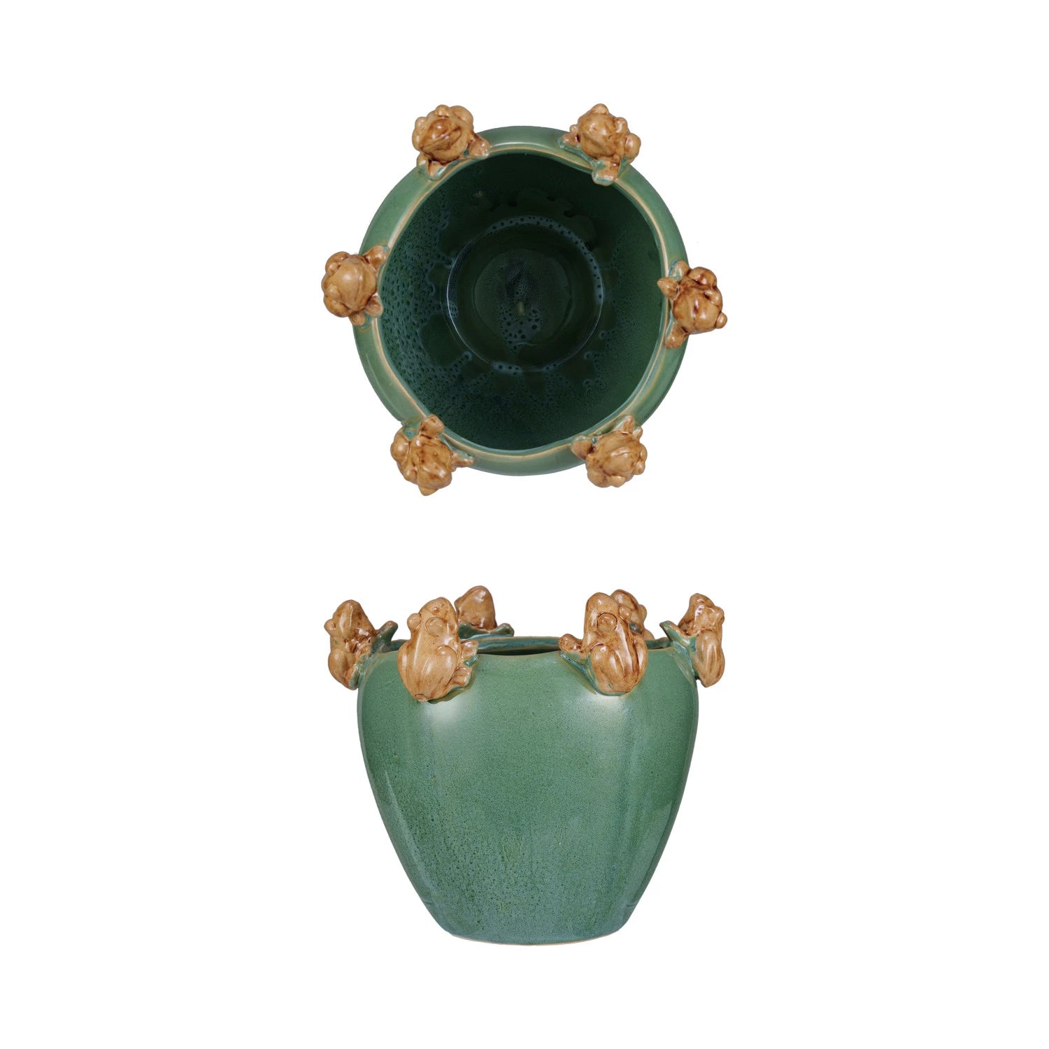 Stoneware Planter with Frogs on Rim, Green & Brown