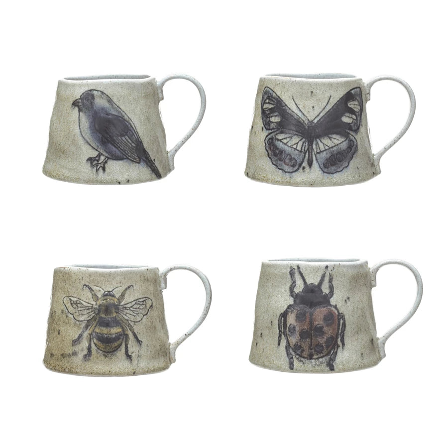 Stoneware Mug with Insect/Bird, 4 Styles