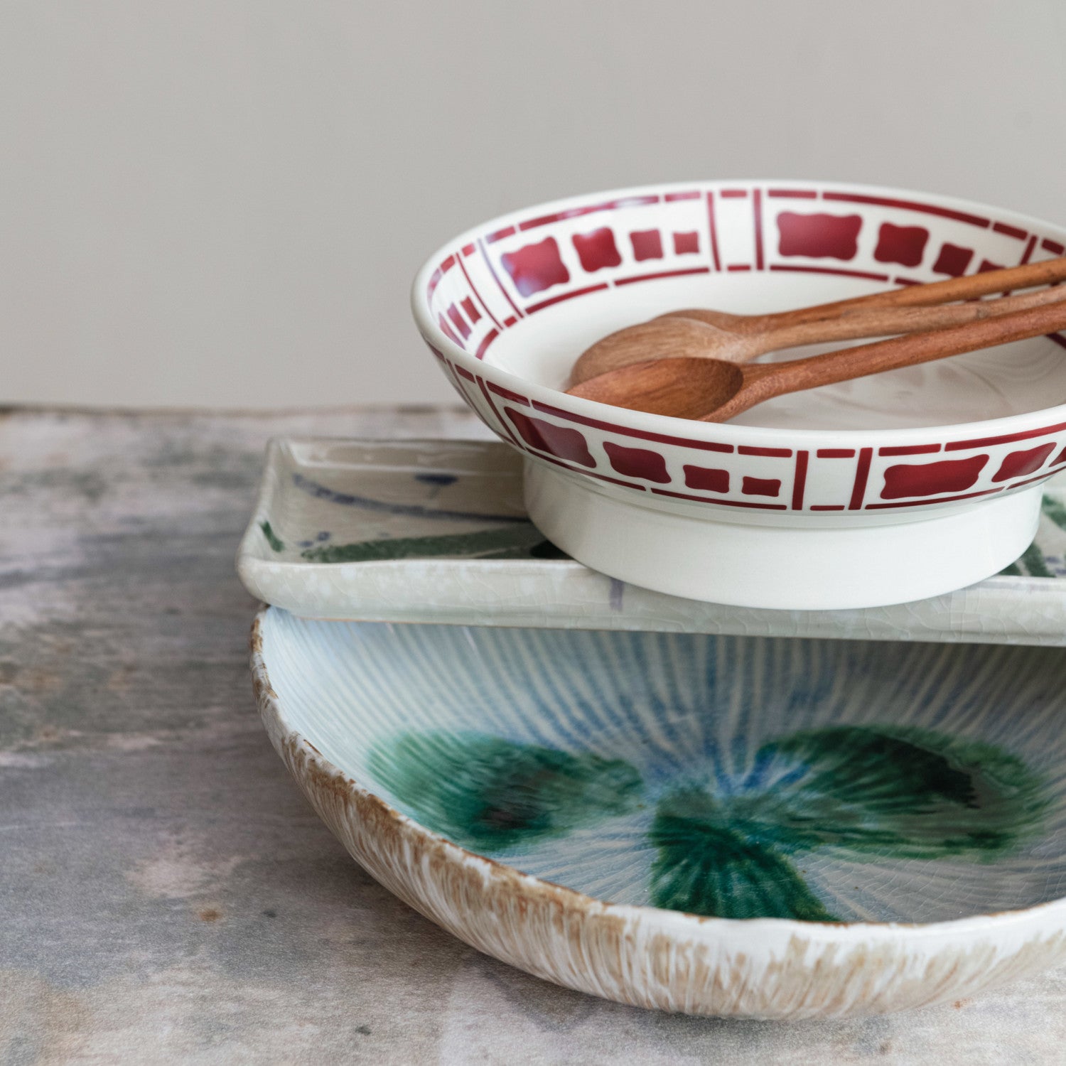 Green & White Stoneware Bowl