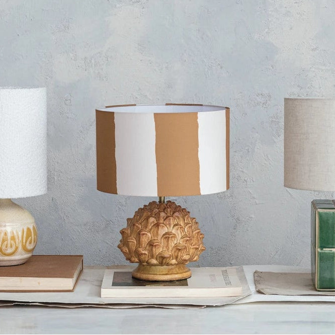Stoneware Artichoke Finial Table Lamp w/ Painted Linen Shade