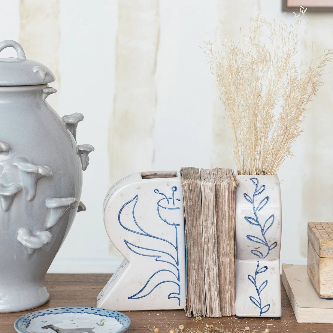 Terra-cotta Vases/Bookends with Hand-Painted Flowers